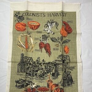 Vtg Kay Dee Handprints Thanksgiving Colonist's Harvest Linen Kitchen Tea Towel